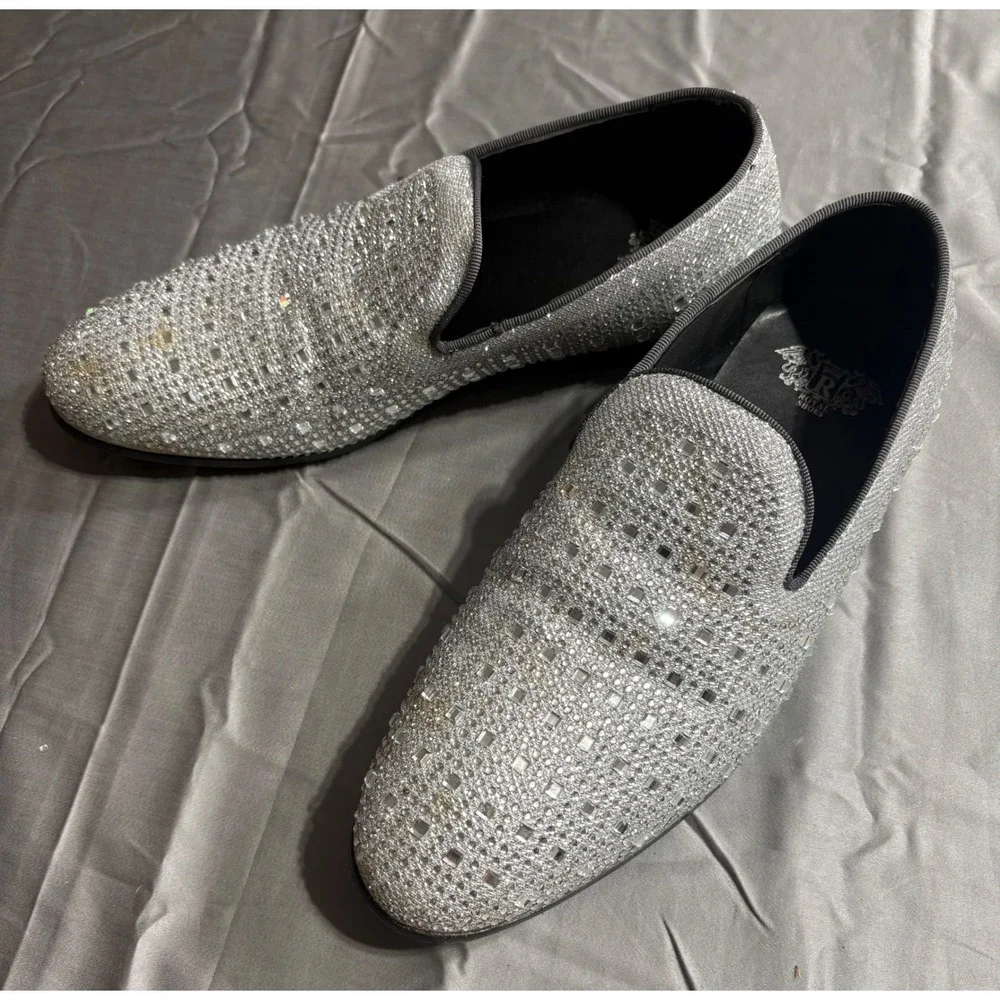 Royal‎ Shoes Mens Rhinestone Loafers Silver Crystal Red Bottom Formal Slip On 8